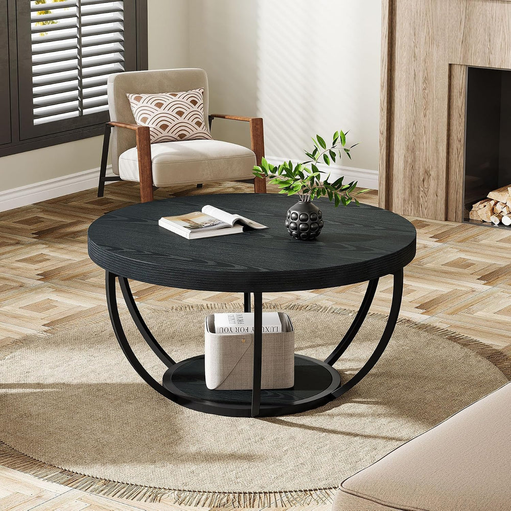 Tribesigns Round Coffee Table with Storage, 31.7" Black Living Room Table