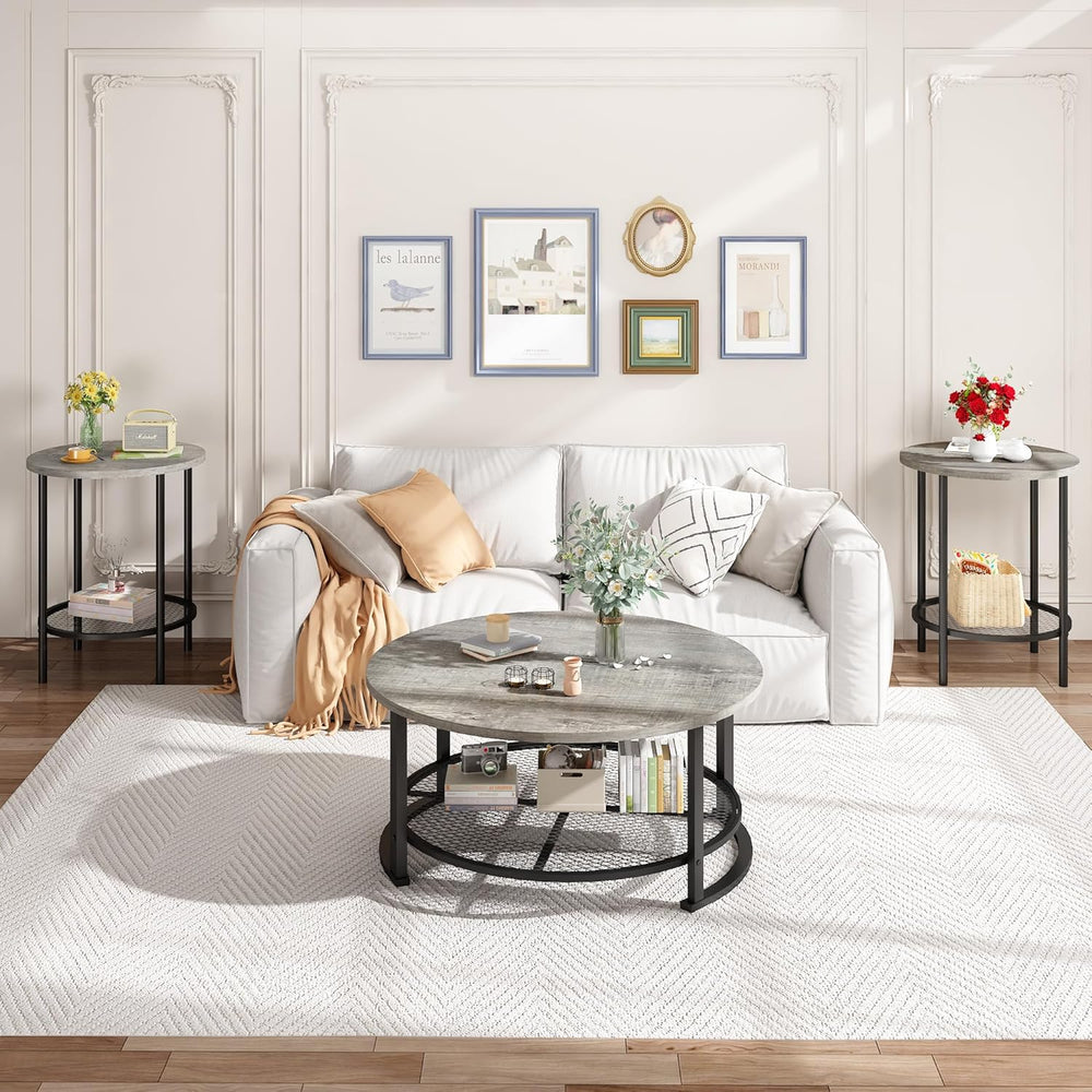 Recaceik Round Coffee Table and End Table Set of 3 with Storage, Modern Vinta...