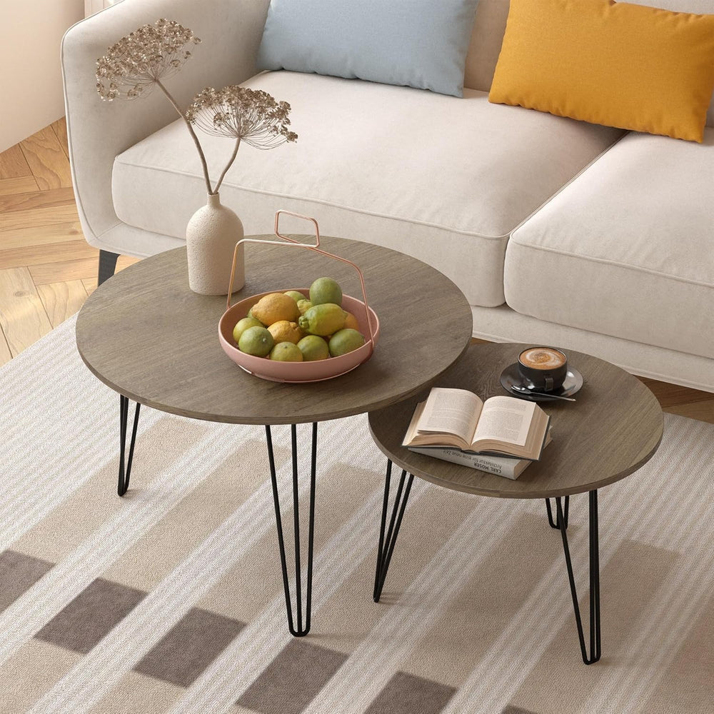 Small Round Nesting Coffee Table Set of 2 for Living Room, 27.56 inch Wood Mo...