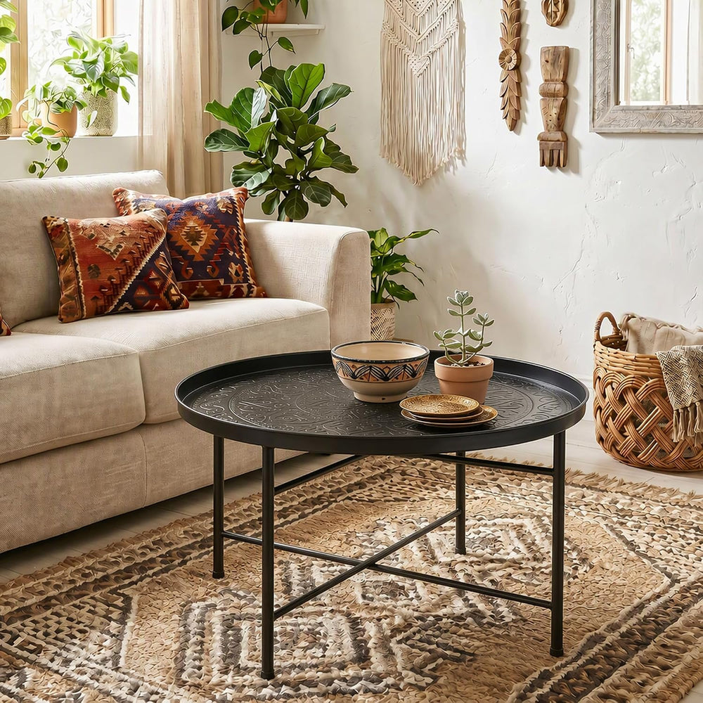 HOMCOM 24" Hammered Round Coffee Table Vintage Metal Side Table Black