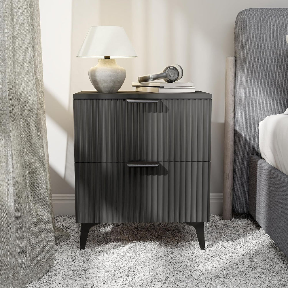 Wood Nightstand Set of 2, Fluted Bedside Tables with 2 Drawers