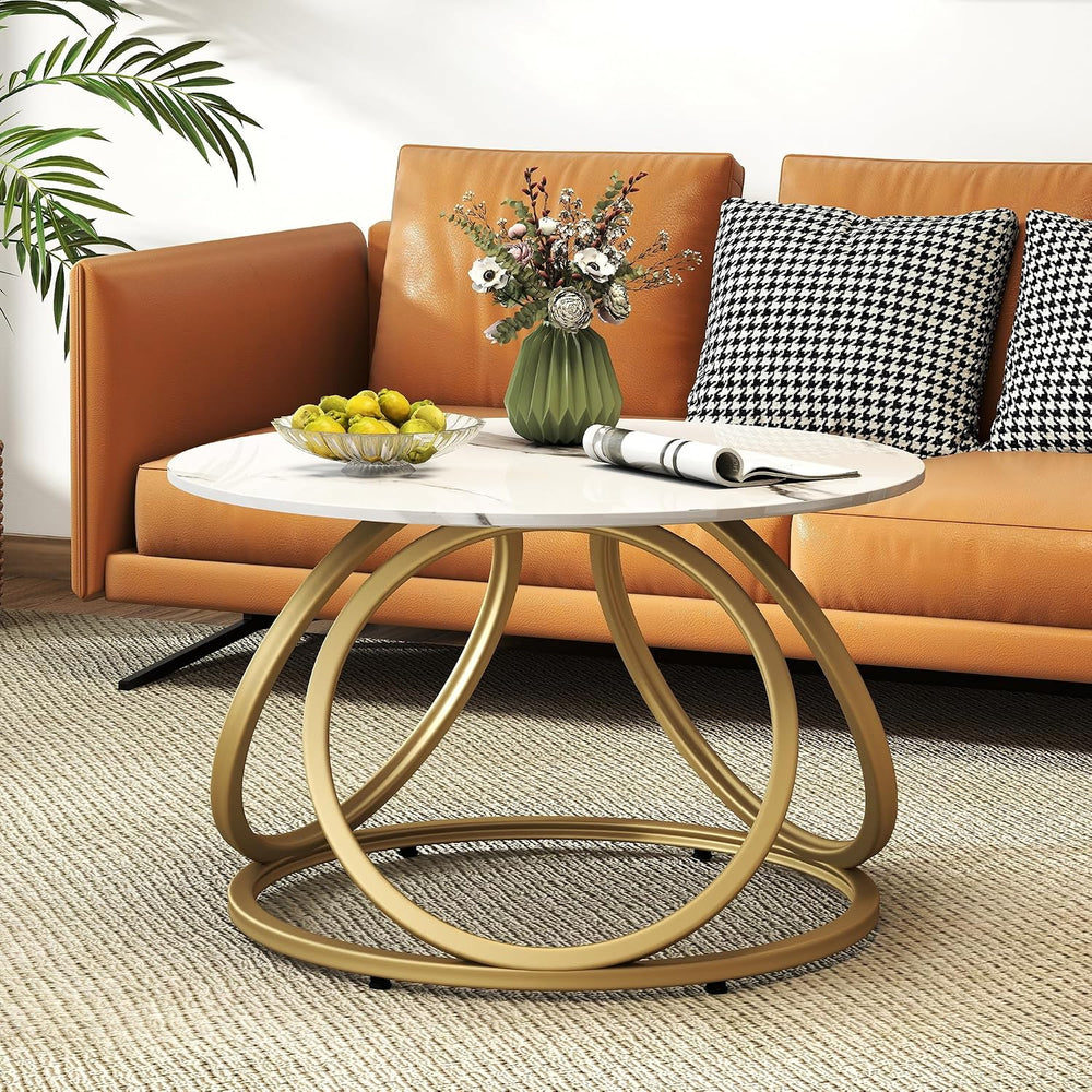 O&K FURNITURE Gold Round Coffee Table, Faux Marble Top with Veins, Modern...