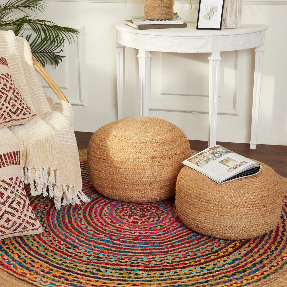 · REDEARTH · Jute Pouf Ottoman - Circular Boho Foot Stool - Jute Natural | Ju...