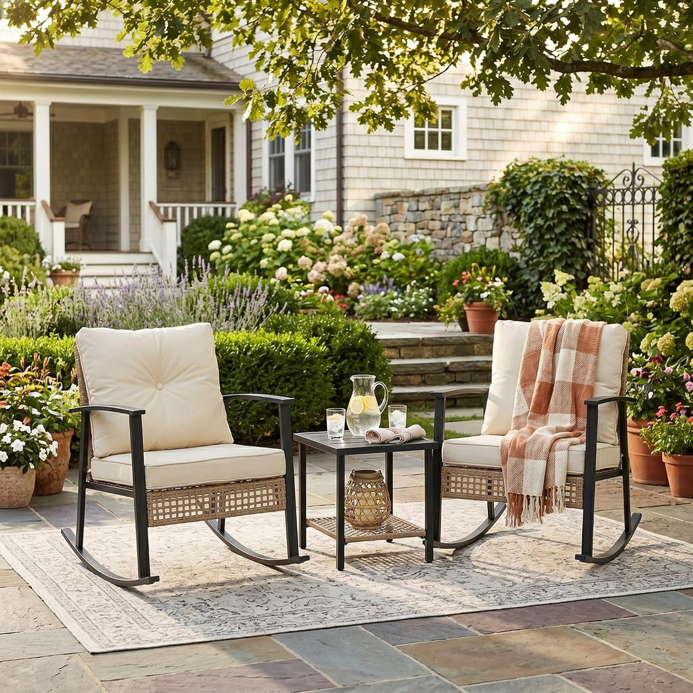 Outdoor Rocking Chairs Set of 2, 3-Piece Bistro Patio Furniture Set with Thic...