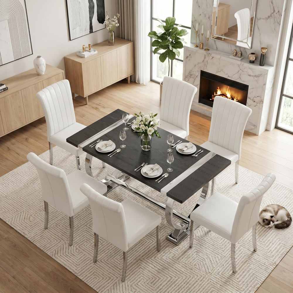 Asday Black Wood Dining Table for 4-6, 60 Inch Modern Luxury Kitchen Table wi...
