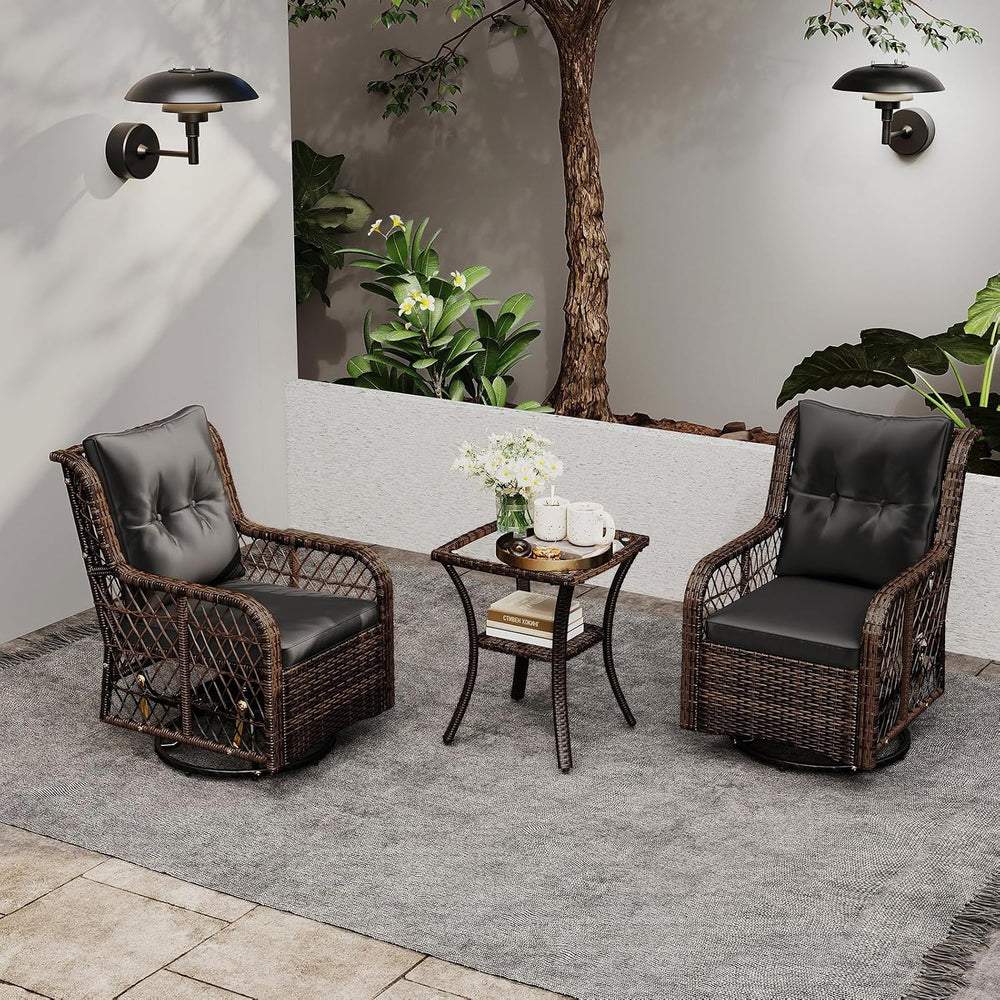 Tangkula 3 Pieces Outdoor Swivel Rocker Set, Rattan Wicker Patio Rocking Cush...