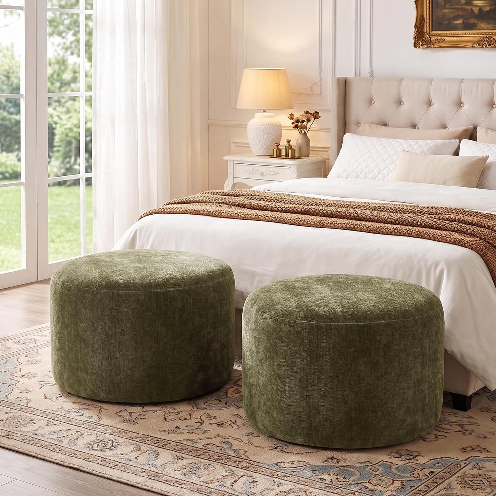 Upholstered Round Green Pouf Ottoman Set of 2, Modern Footstools | Chenille F...