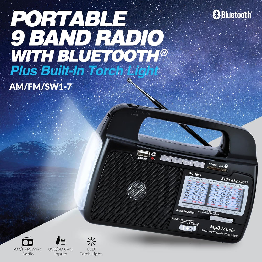 Supersonic SC-1082 9 Band AM/FM/SW 1-7 Portable Radio, High Sensitivity Recei...