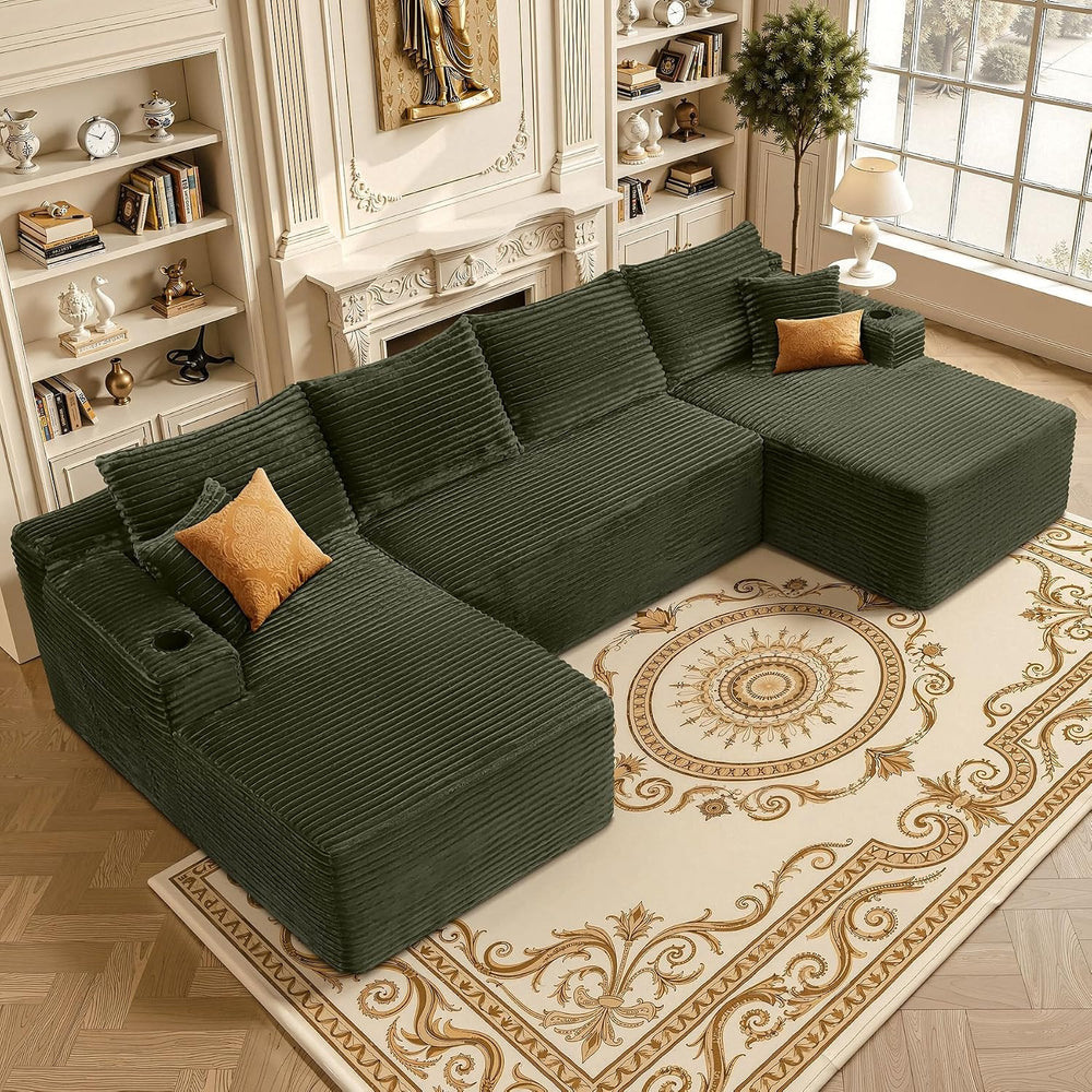 Green 134 Inch U-Shaped Modular Sectional Sofa, Corduroy Cloud Couch with Dua...