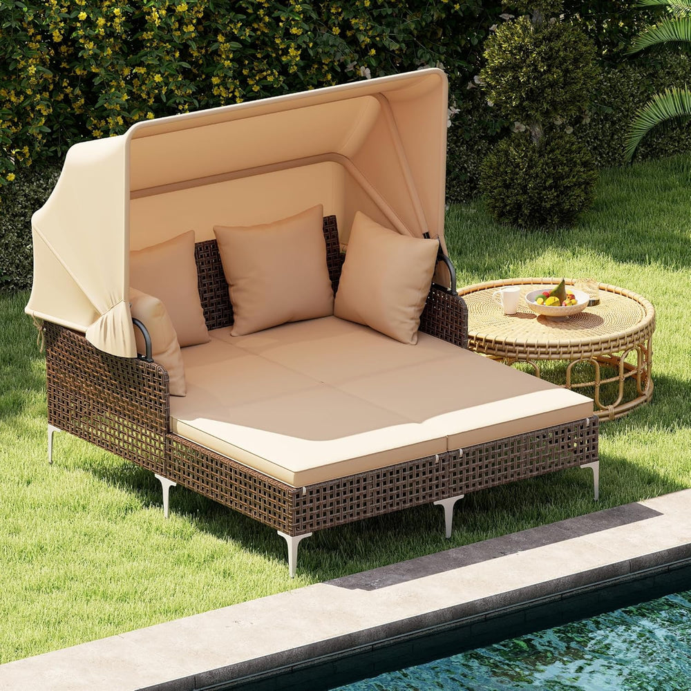 Tangkula Outdoor Rattan Daybed with Retractable Canopy, Boho Patio Wicker Sun...