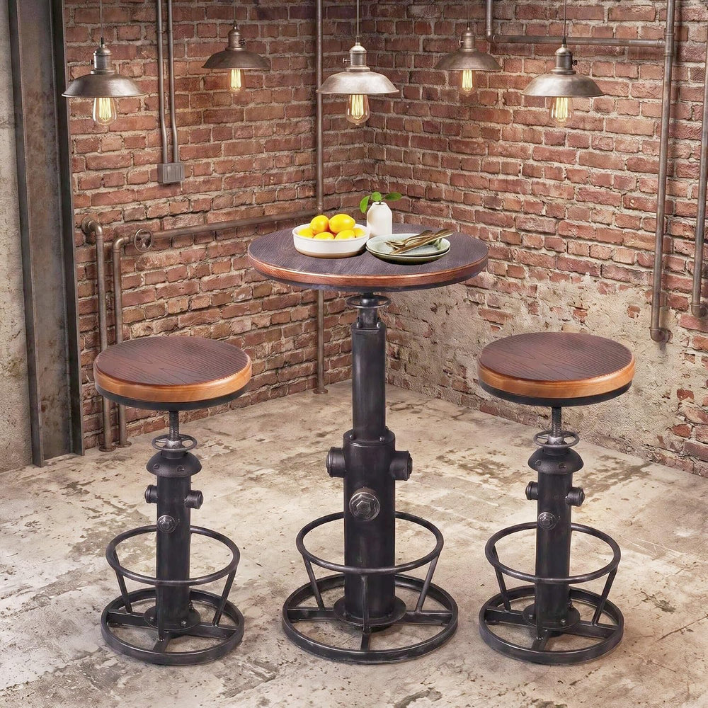 Topower 3 Piece Pub Bar Set Retro Round Bar Table and Stools for 2 Height Adj...