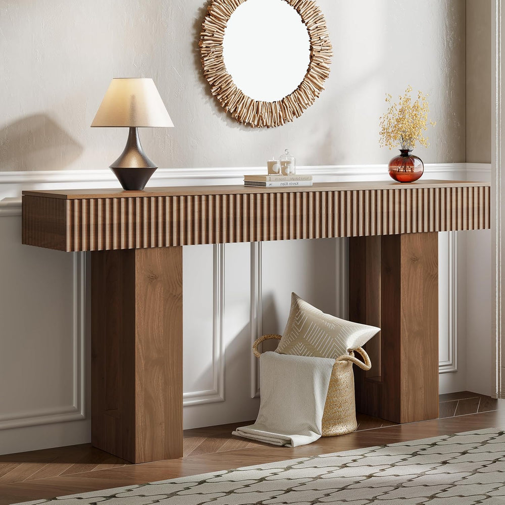 63-Inch Long Entryway Console Table with a Fluted Design, Thick Wood Farmhous...