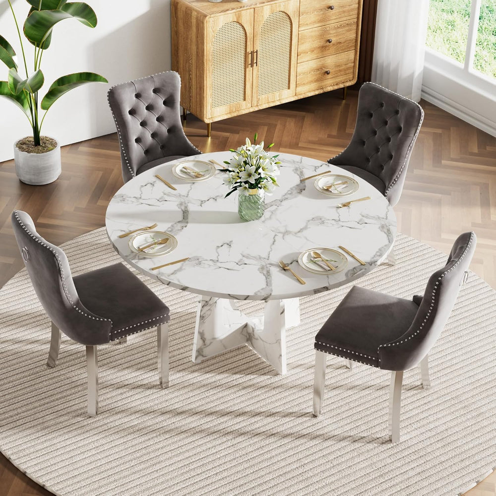 Round Modern Dining Table Set for 4, 47" Circle White Faux Marble Kitche...