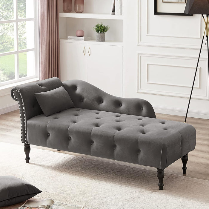 Tufted Upholstered Velvet Rolled Arm Chaise Lounges Indoor Chair, Grey