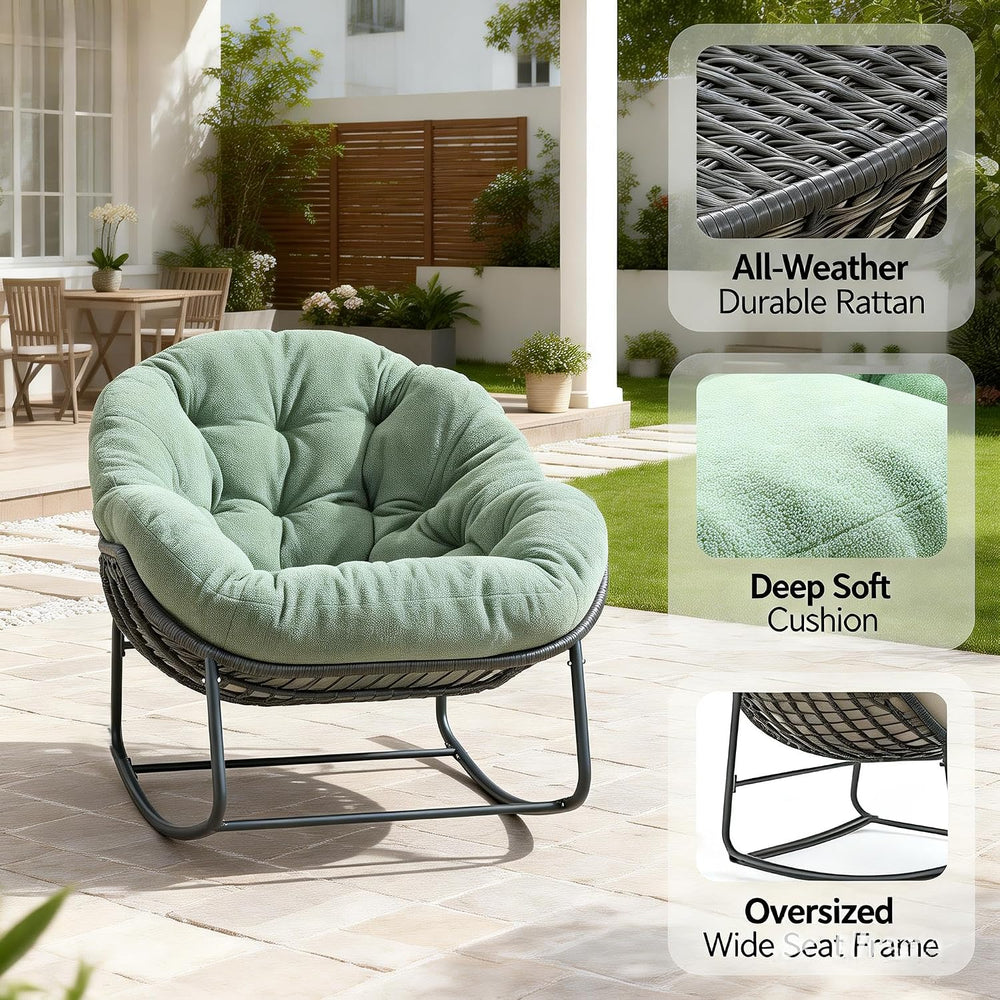 Oversized Outdoor Papasan Rocking Chair with Soft Cushion, Comfy Patio Egg Ch...