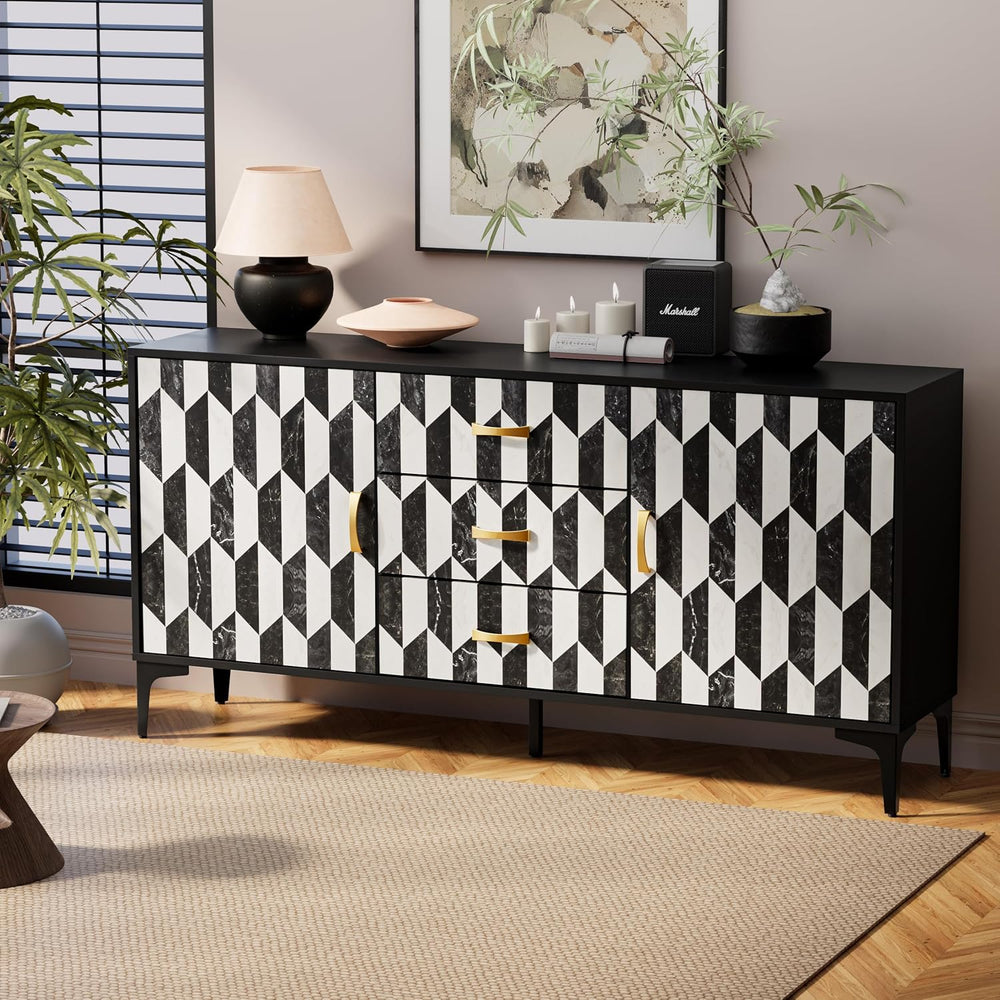 Anbuy Marble Buffet Cabinbet with Storage and 3 Drawers Sideboard Faux Marble...