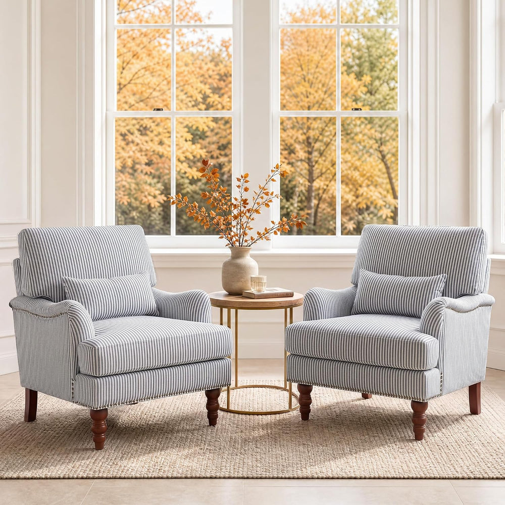 Mid-Century Modern Accent Chair with Lumbar Pillow, Pinstripe Blue, 1 Pack