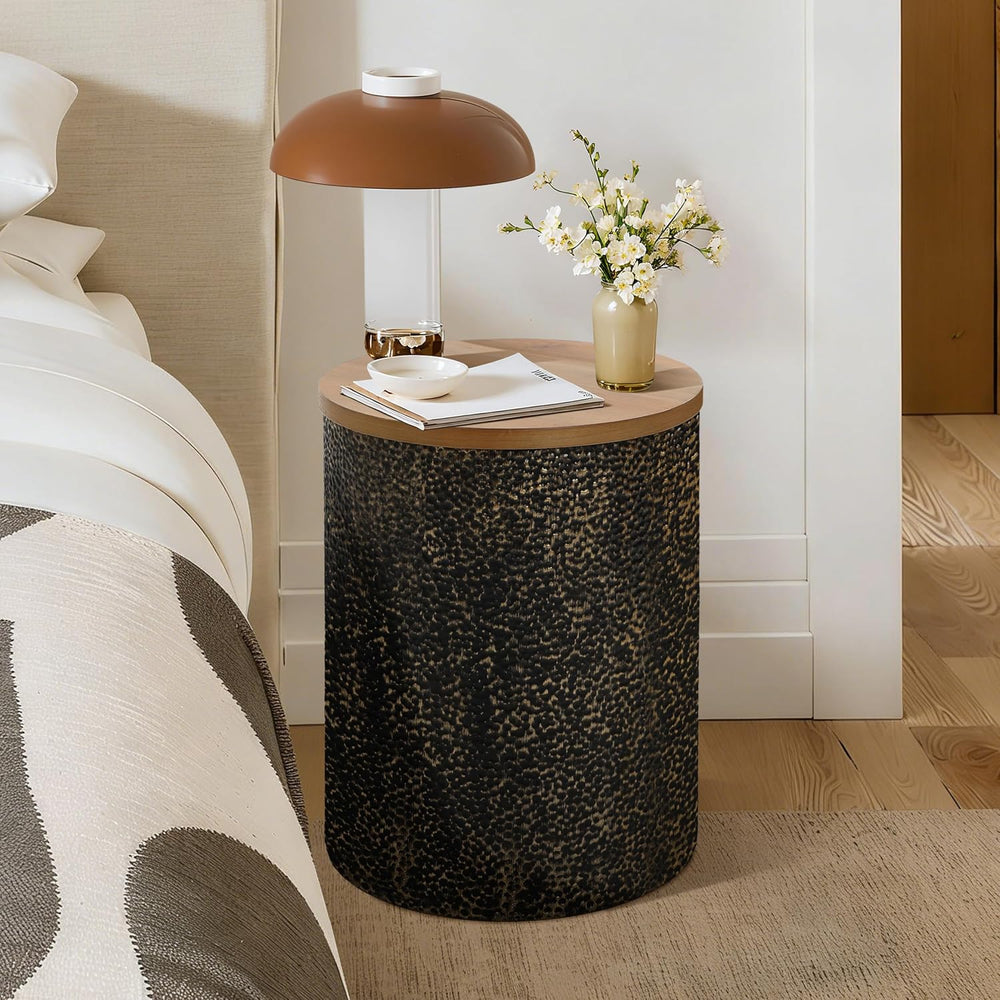 LuxenHome Round Side Table, 20" Black and Gold Metal Base with Wood Top,...