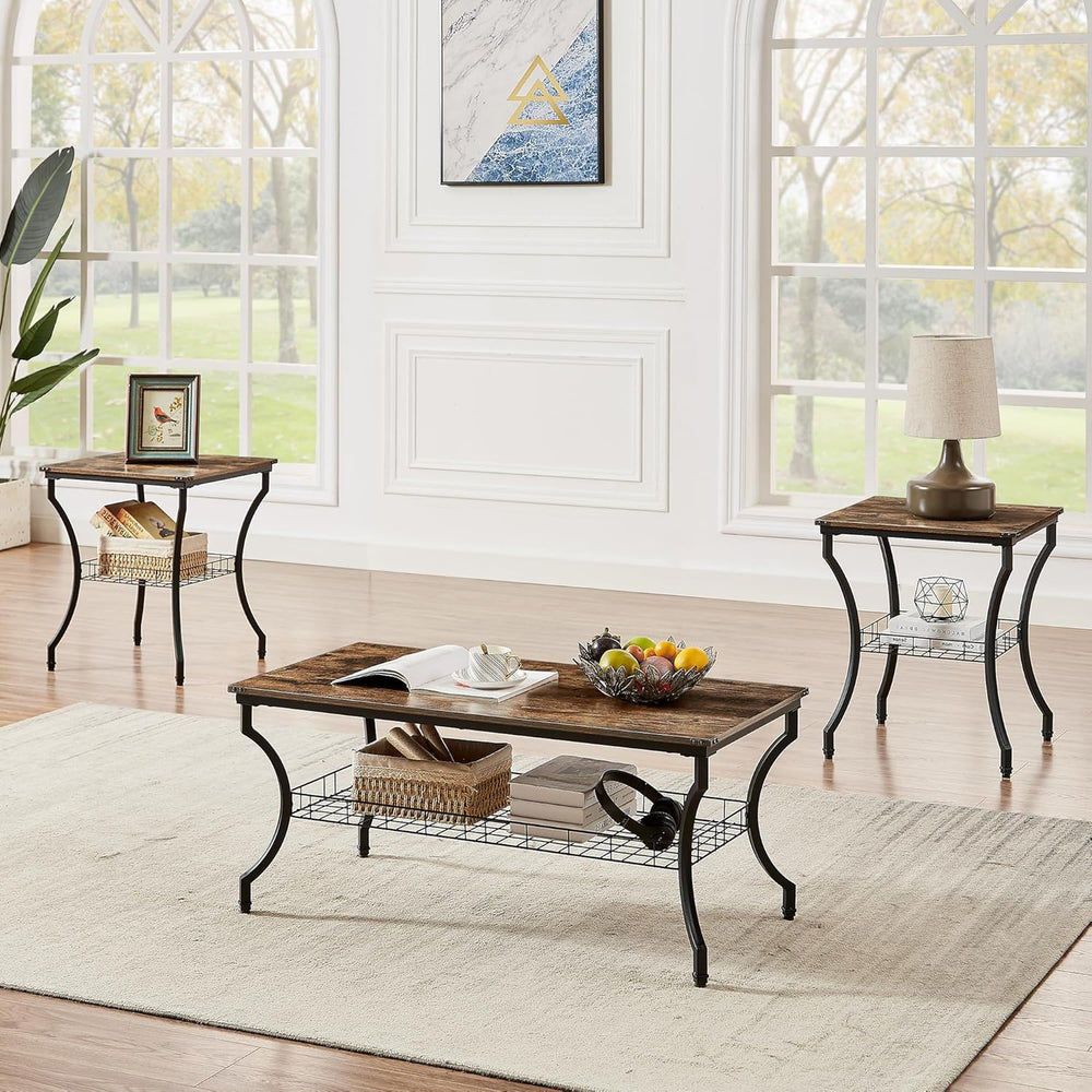 VECELO 3 Pieces Living Room Table Sets, Coffee and End Tables with Open Stora...