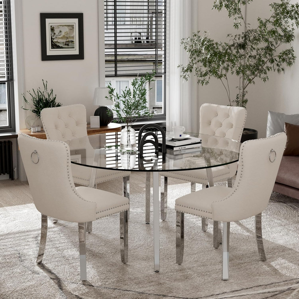 Mid Century Modern Glass Round Dining Table Set for 4, 5 Pieces Silver Luxury...