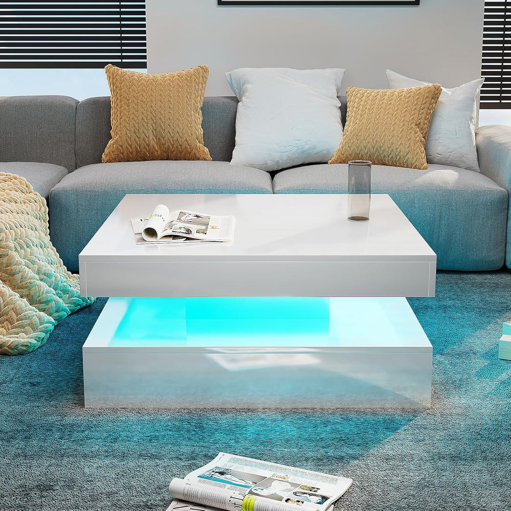 HedoAjim White LED Coffee Table for Living Room, 2-Tier Square Center Table L...