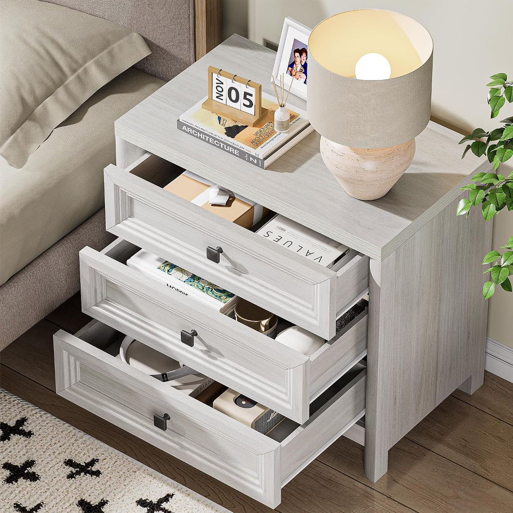 White Nightstand with 3 Drawers, Wood Night Stand with Metal Knobs, Farmhouse...