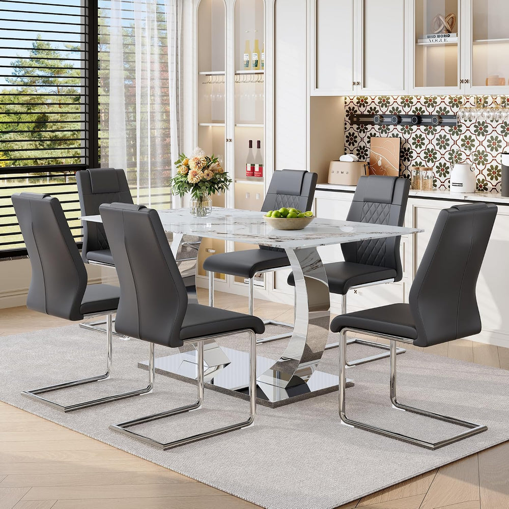 Modern Dining Table Set for 6, 63 Inch White Faux Marble Dining Room Table wi...