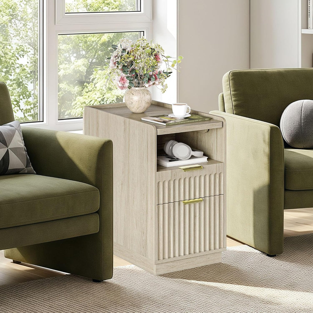 iPormis Fluted End Table Set of 2 with Charging Station, 2 Drawers Narrow Sid...