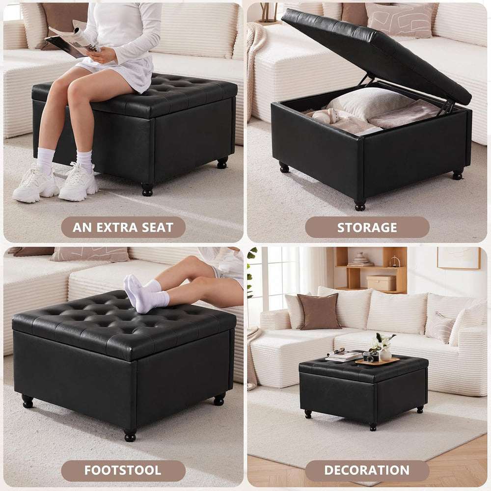 28" Large Square Ottoman with Storage, Leather Ottoman Coffee Table, Bla...