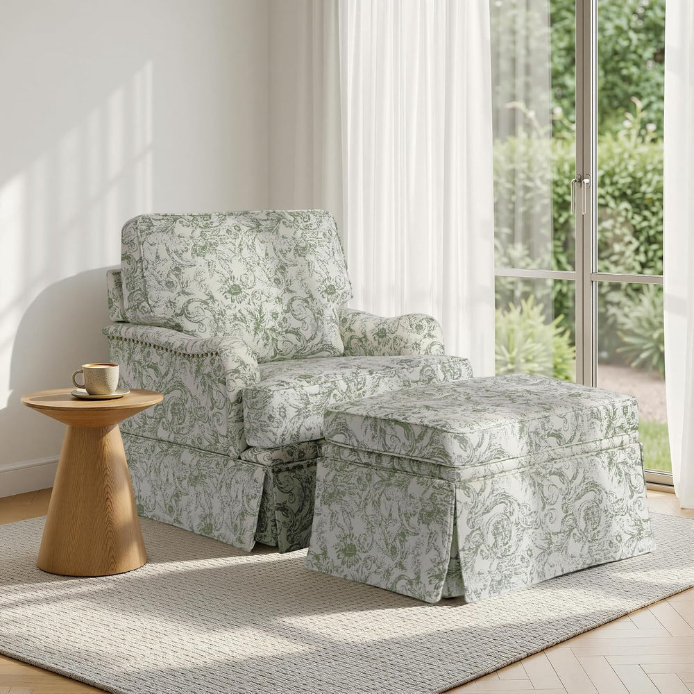 Swivel Accent Chairs with Ottoman, Set of 2, Rococo Green