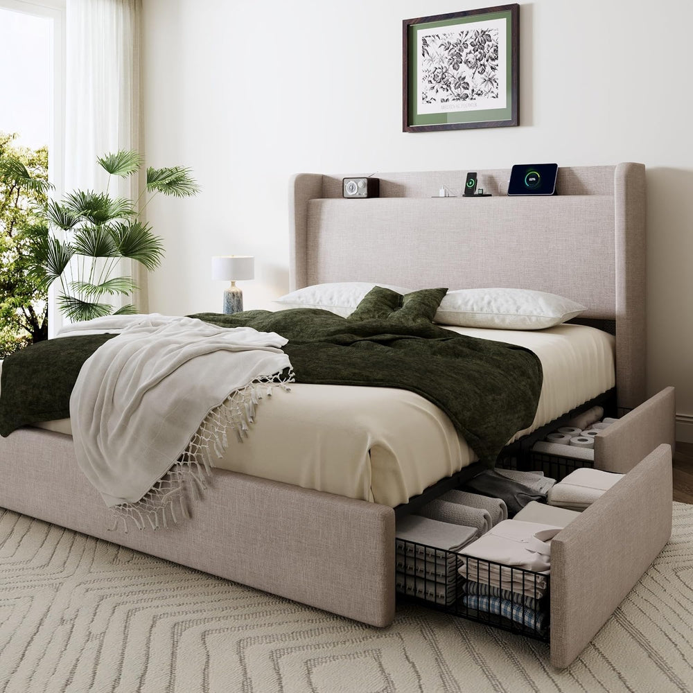 SHA CERLIN Queen Size Storage Bed Frame with 4 Oversized Drawers, Modern Wing...