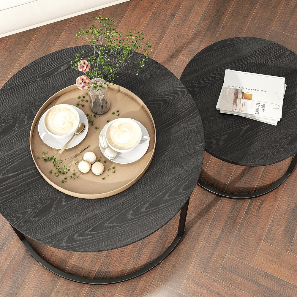 HOJINLINERO Round Nesting Coffee Table Set of 2,Wood Cocktail Table,Black | C...