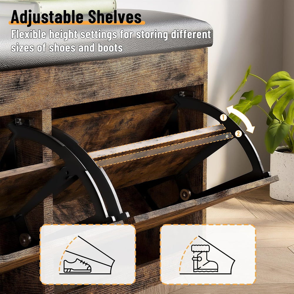 40" Shoe Storage Bench with 2 Flip Drawers & Padded Seat Cushion, Sh...