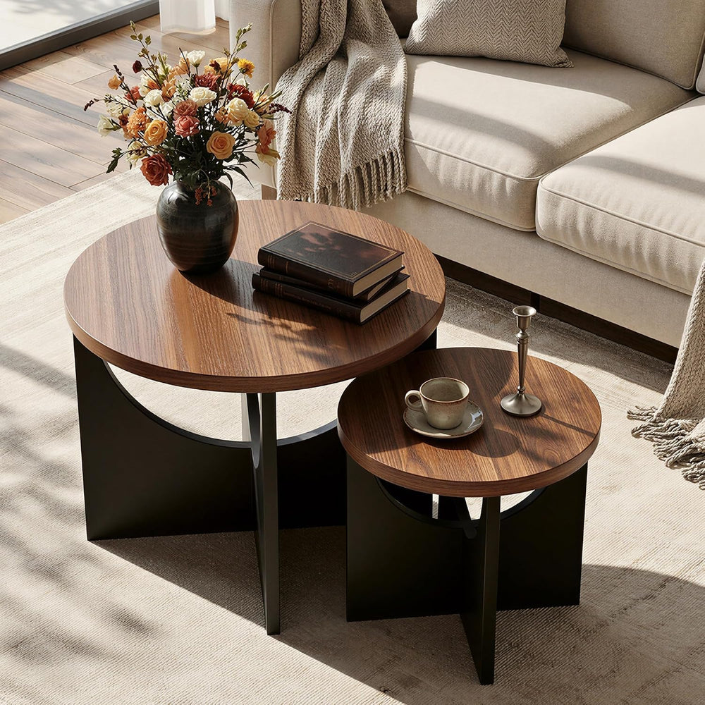 LIKIMIO Nesting Coffee Tables Set of 2, 23.6" Small Round Tables, Walnut...