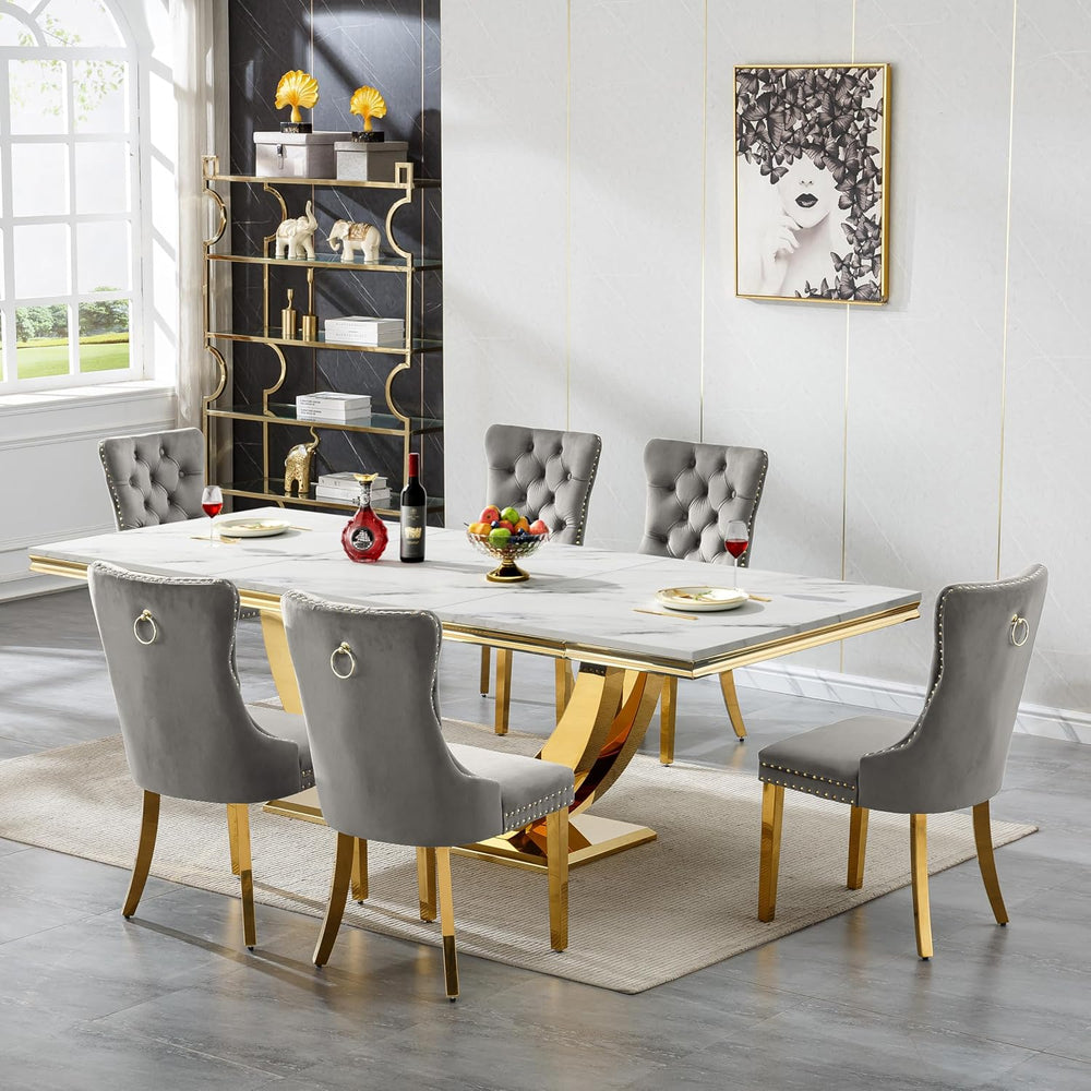 7 Piece Marble Dining Table Set for 6, 94 inch Large White Faux Marble Table ...