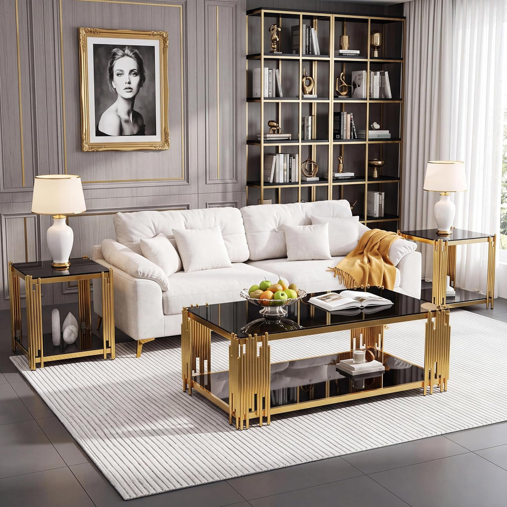 Glass Coffee Table Set of 3, End Table Modern Living Room Table Rectangle Cle...