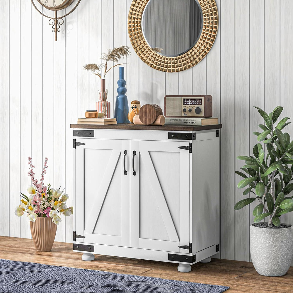 Farmhouse Kitchen Pantry, White Sideboard Buffet Cabinet with Barn Door and A...