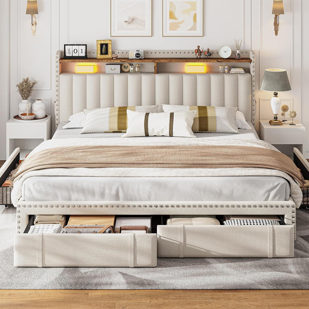 EnHomee King Size Bed Frame with 4 Storage Drawers & Storage Headboard