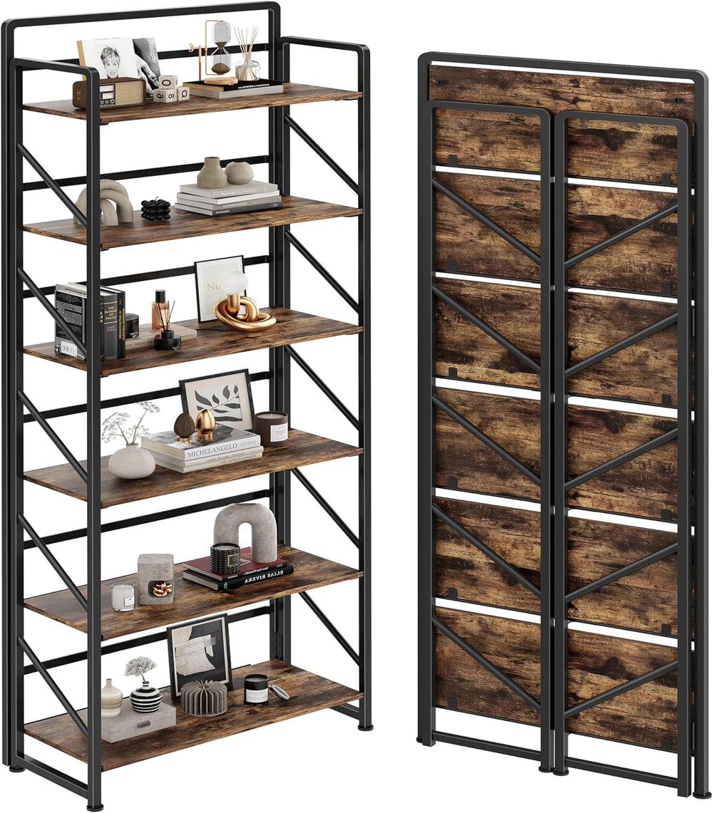 JSB No Assembly Folding Bookshelf, 6 Tier Industrial Metal Book Shelf for Sto...