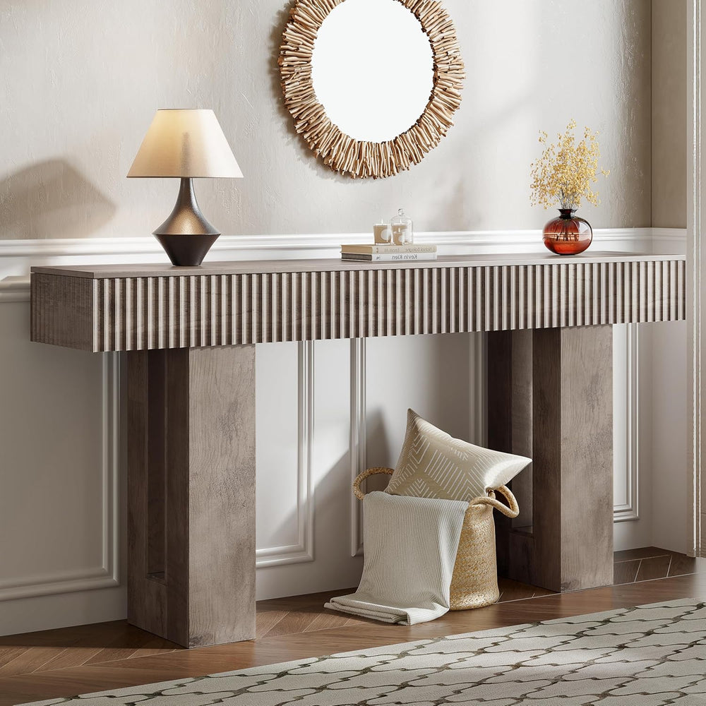 63-Inch Long Entryway Console Table with a Fluted Design, Thick Wood Farmhous...