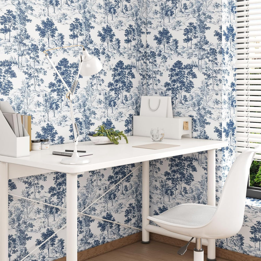 Vintage Toile de Jouy Navy Peel and Stick Wallpaper 17.5" x 787"