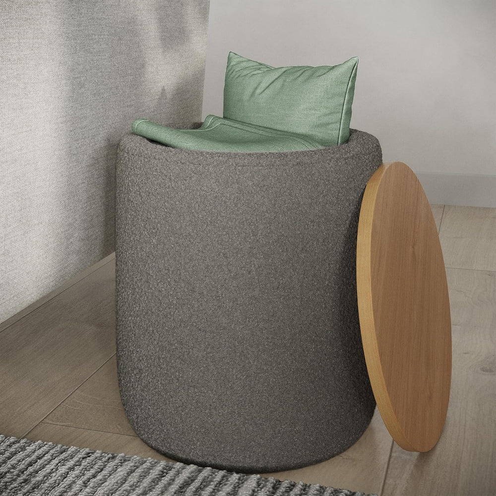 Storage Ottoman - Teddy Fabric Upholstered Ottoman with Wood Top for Living R...