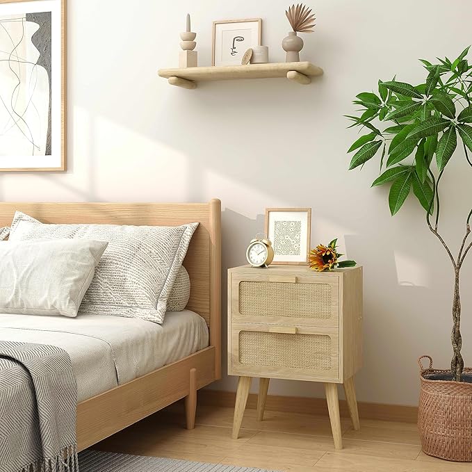 Rattan Nightstand,Boho Bedside with Storage,End Table,Side Table with 2 Hand ...