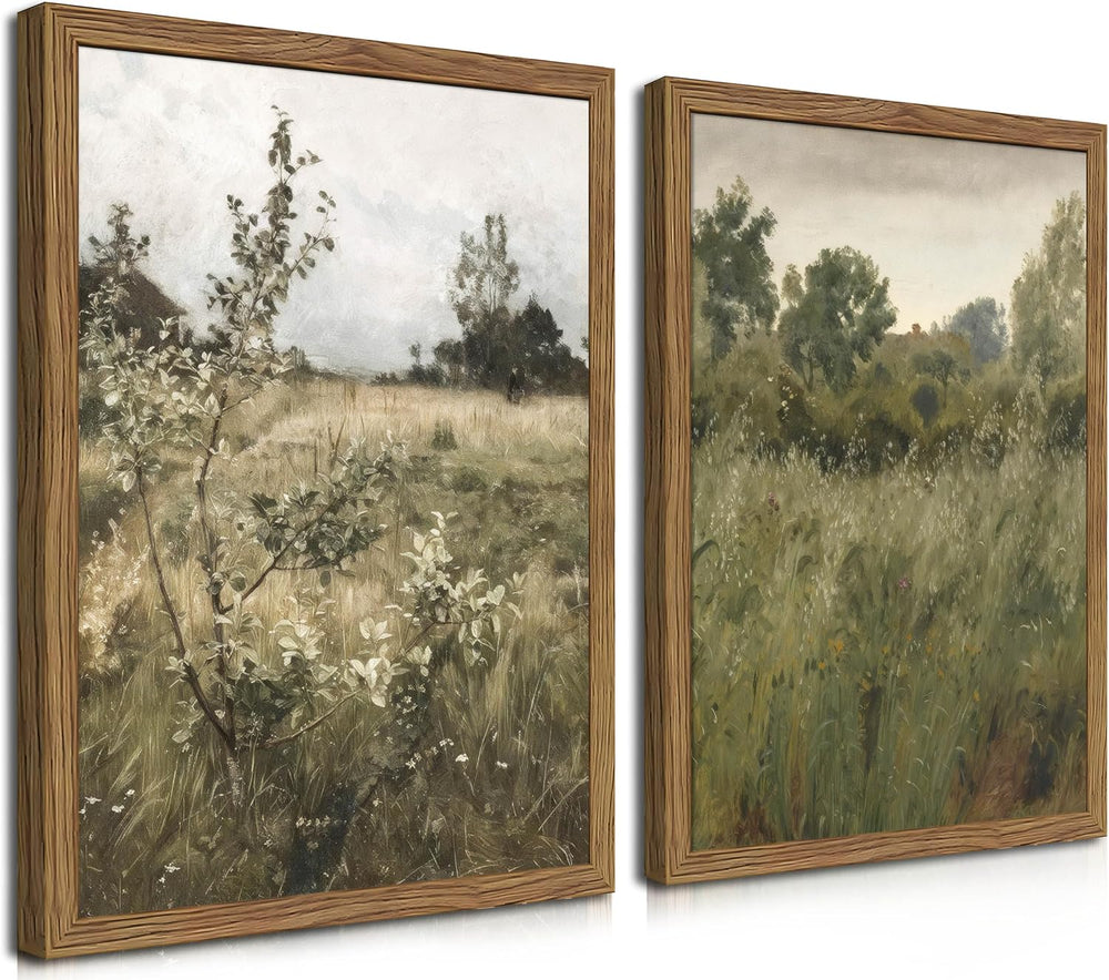 Vintage Landscape Wall Art Set of 2, Green Natural Wilderness Farmhouse Canva...