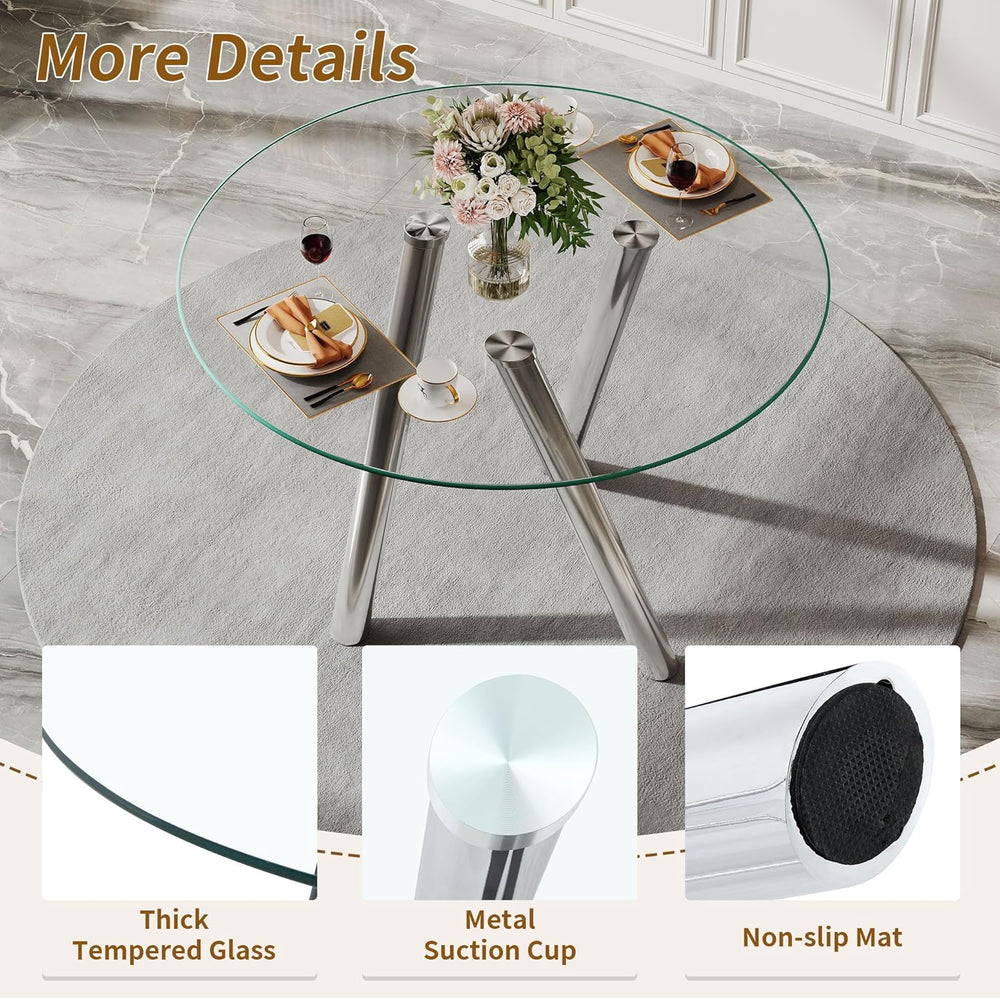 35" Round Dining Table for 4, Modern Round Glass Dining Table with Metal...