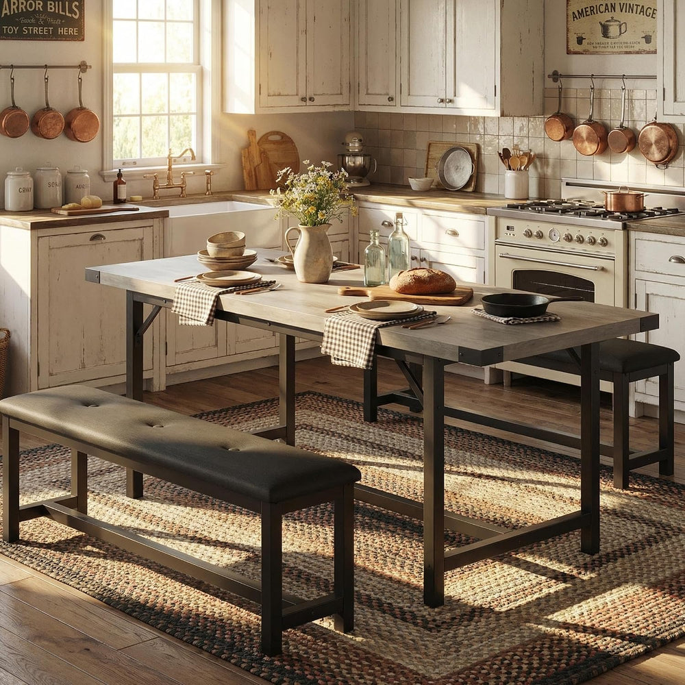 IDEALHOUSE 63" 3 Piece Extendable Dining Table Set for 4-6, Rectangle Wo...