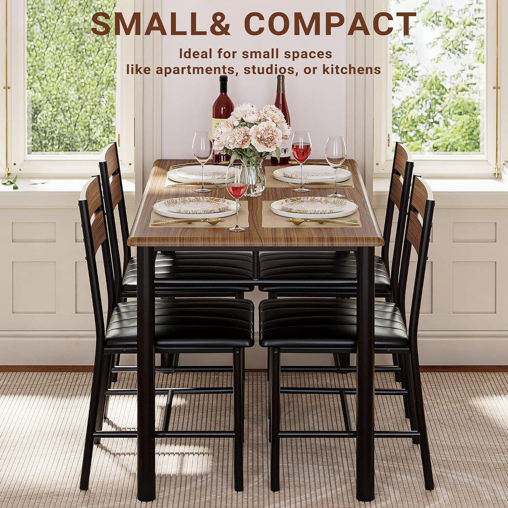IRONCK Dining Table Set for 4, Walnut | Wood Kitchen Table with Upholstered C...