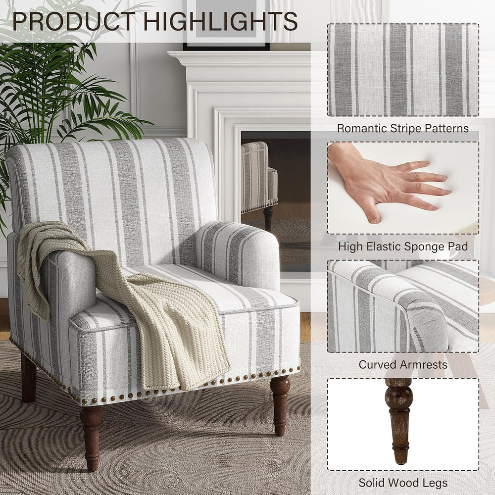 Stripe Accent Chair, Fabric Upholstered Armchair, Gray