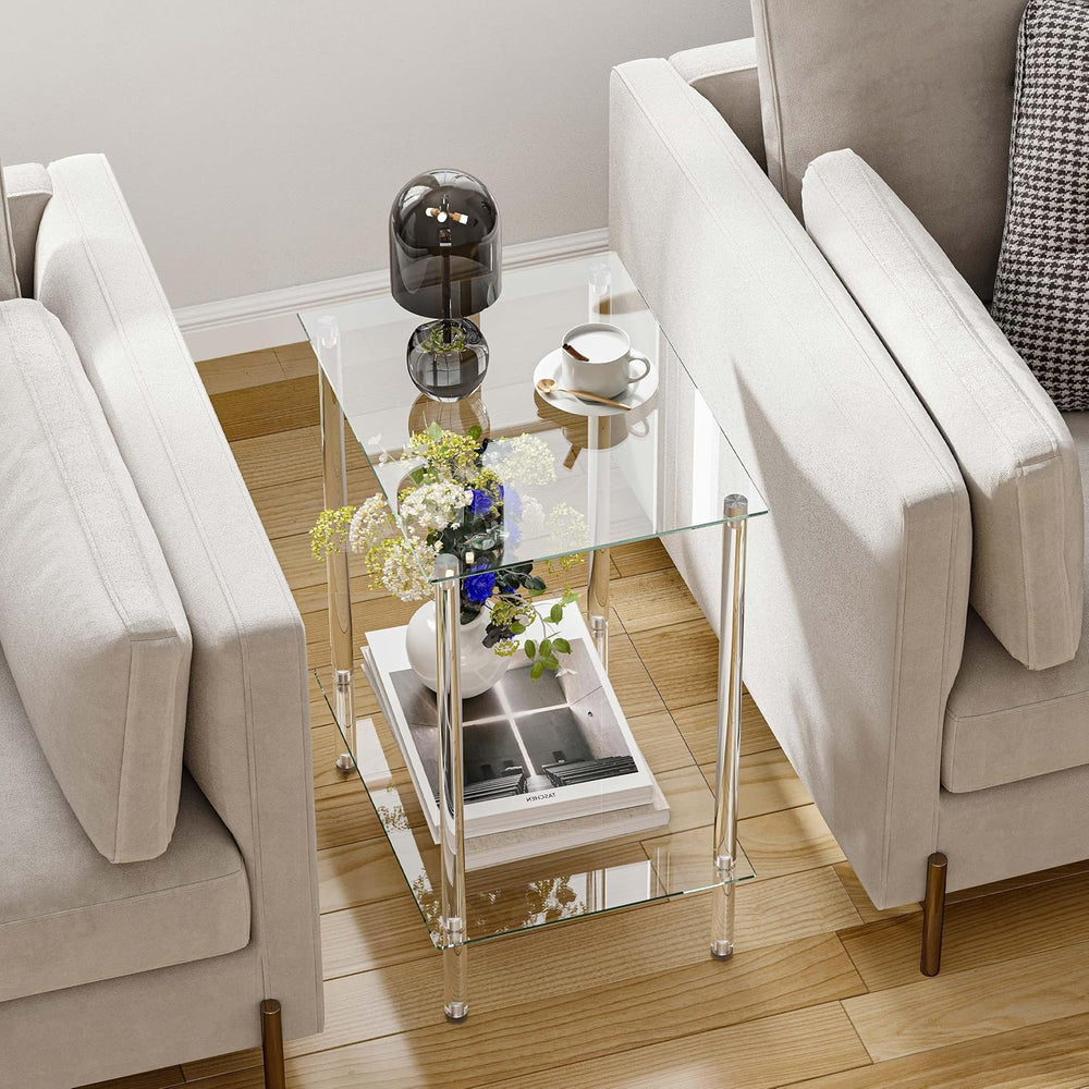 Tempered Glass Side Table, Acrylic End Table, 2-Tier Transparent Nightstand, ...