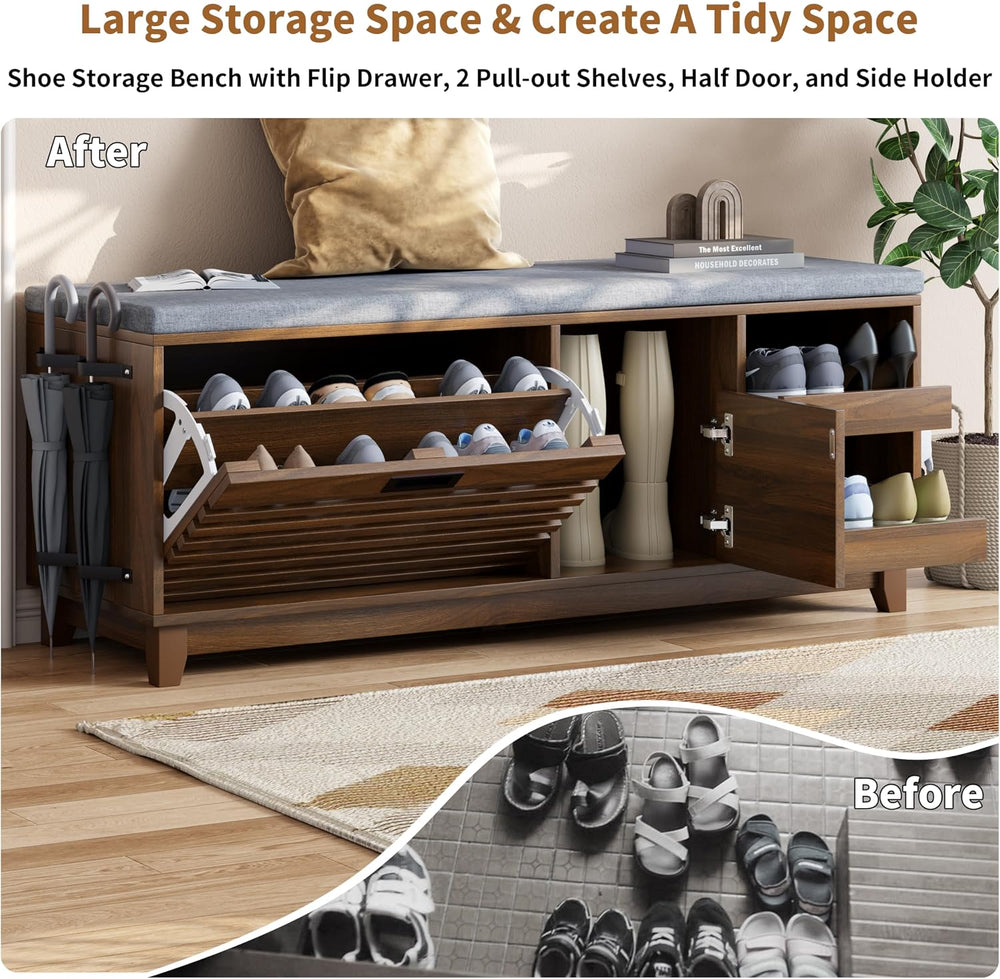 Loomie 47.2" Shoe Storage Bench with Flip Drawer, 2-Tier Entryway Bench ...